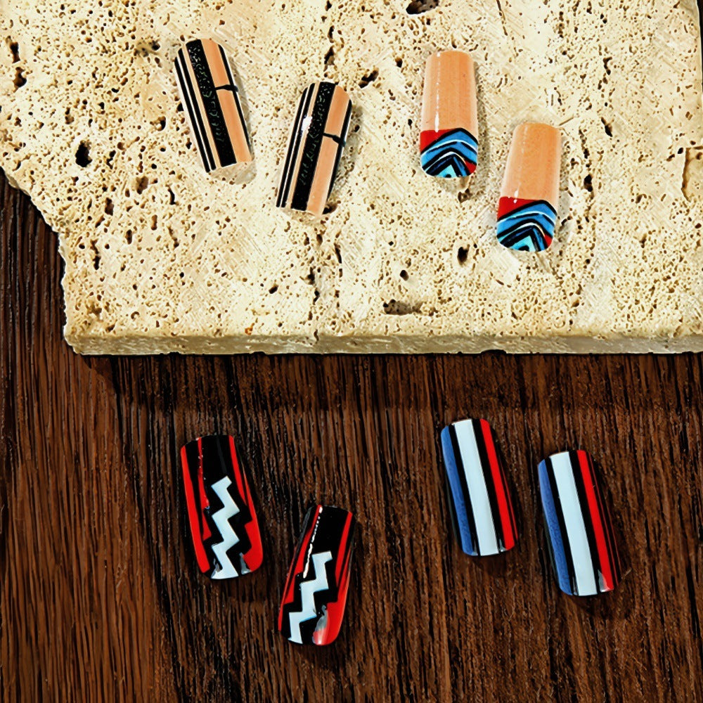 Bold Glossy Square Press-On Nails – Multicolor Acrylic with Striped & Wave Design