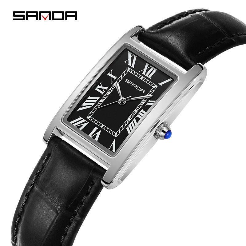 SANDA Retro Square Quartz Watch – Leather Strap Casual Watch for Men & Women