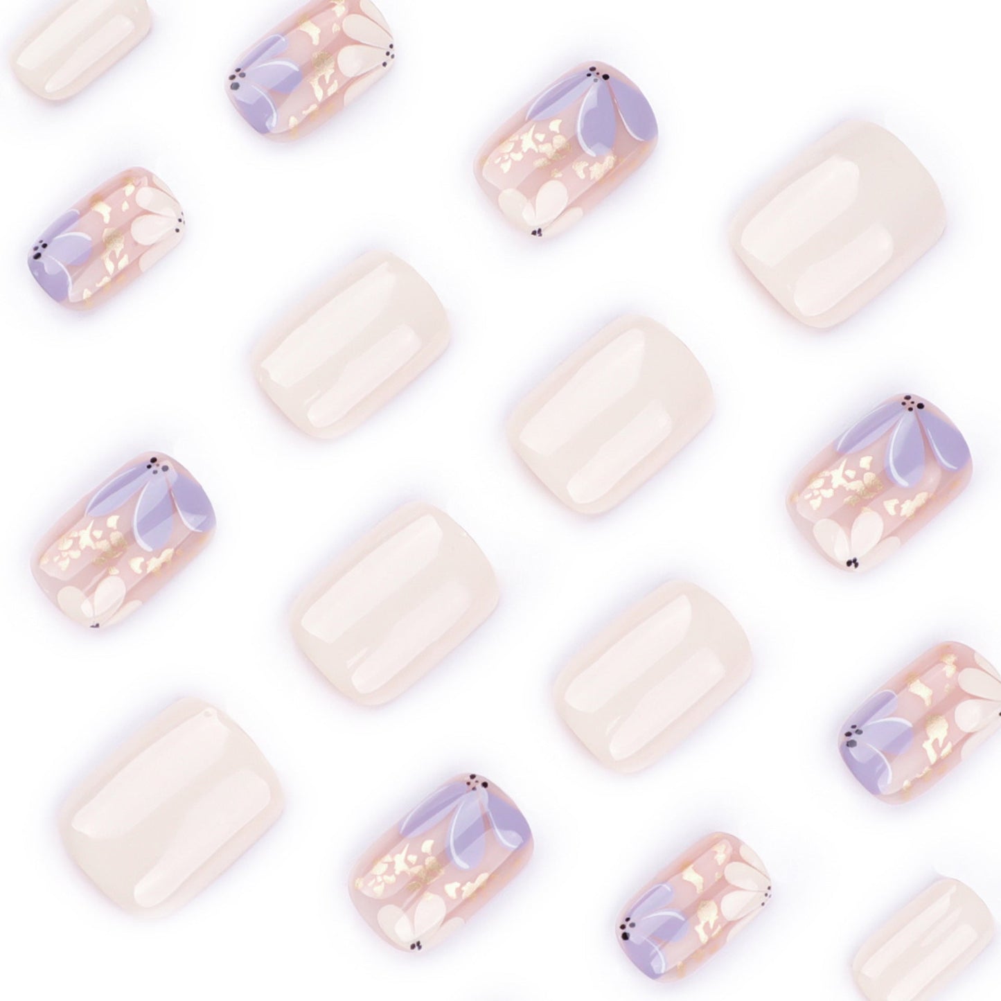Floral Press-On Nails – Short Square Cream & Mauve with Gold Foil
