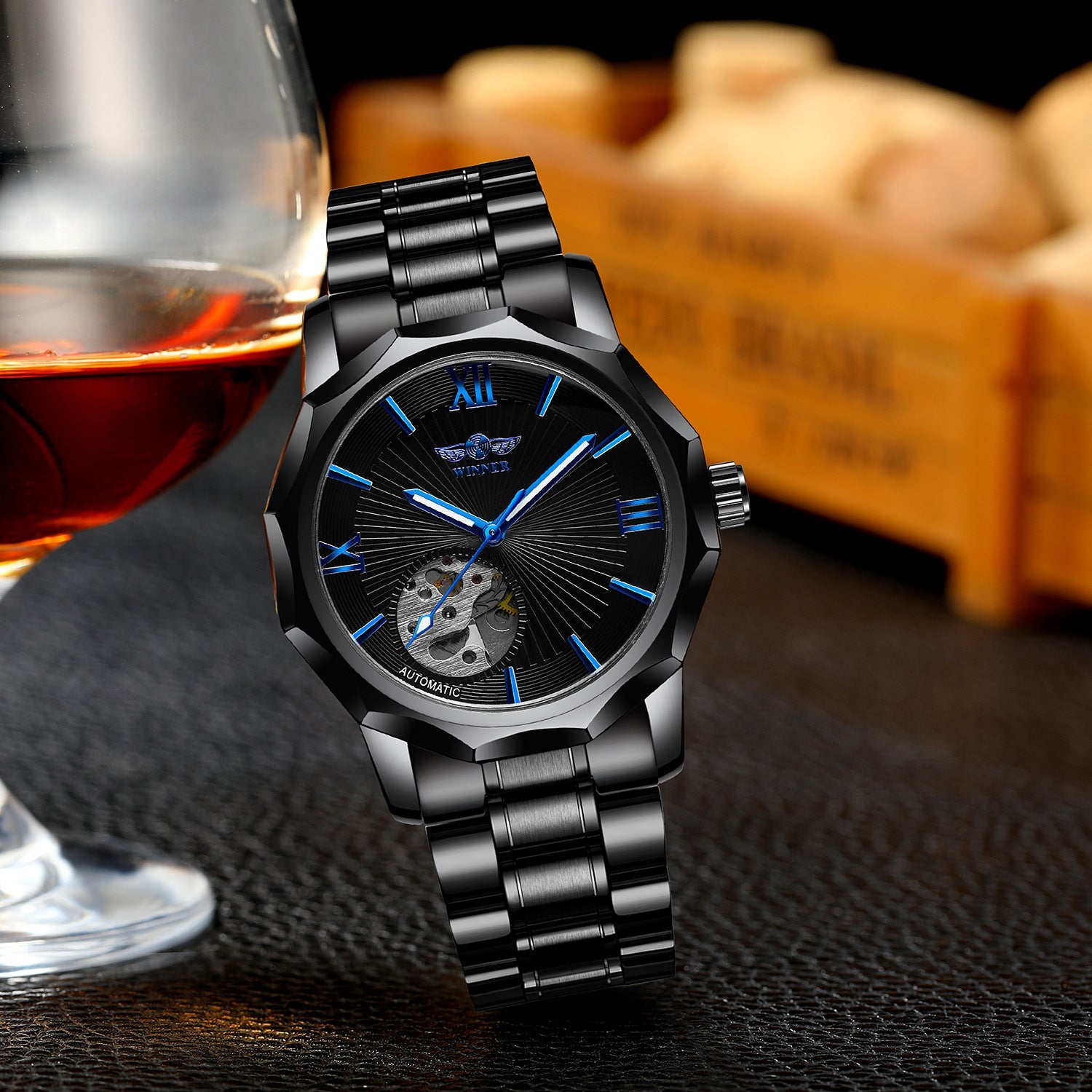 T-Winner Men’s Mechanical Watch – Black & Blue Dial with Stainless Steel Band