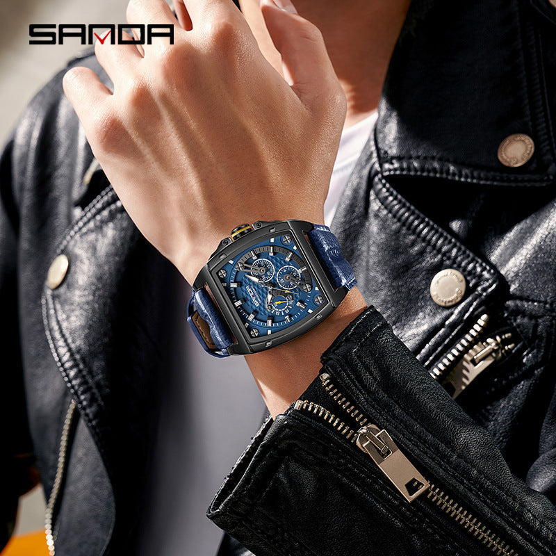 SANDA Luminous Square Men’s Quartz Watch – Leather Strap Business Waterproof Watch