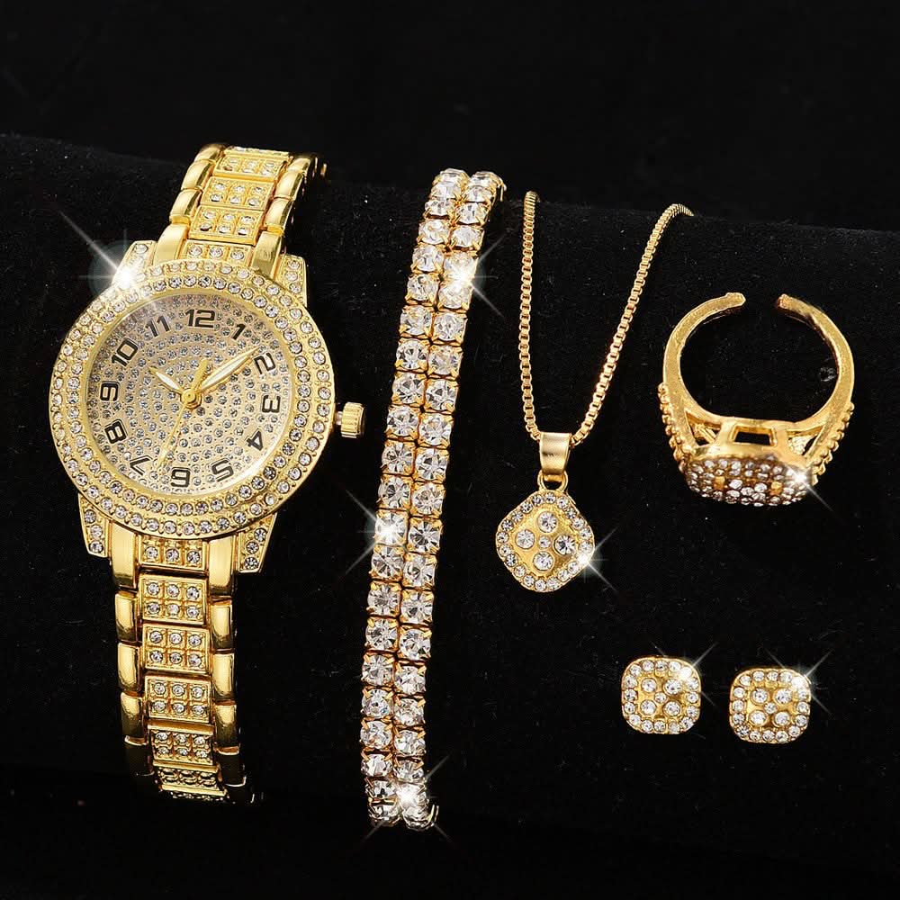 Luxury Full-Diamond Steel Quartz Watch – Roman Numerals, Hip-Hop Style Bracelet Set