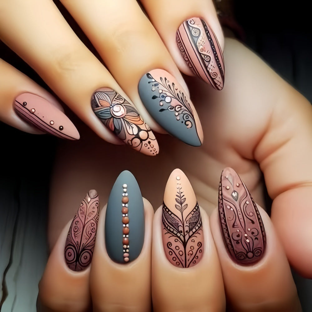 Long Almond Press-On Nails – Boho Chic Floral & Tribal Acrylic Nail Art Set