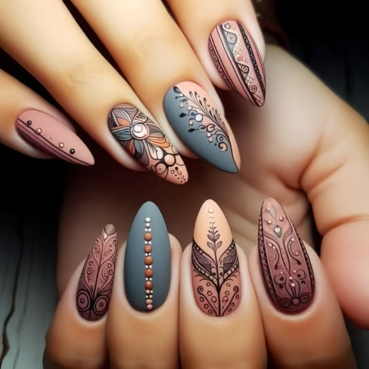 Long Almond Press-On Nails – Boho Chic Floral & Tribal Acrylic Nail Art Set