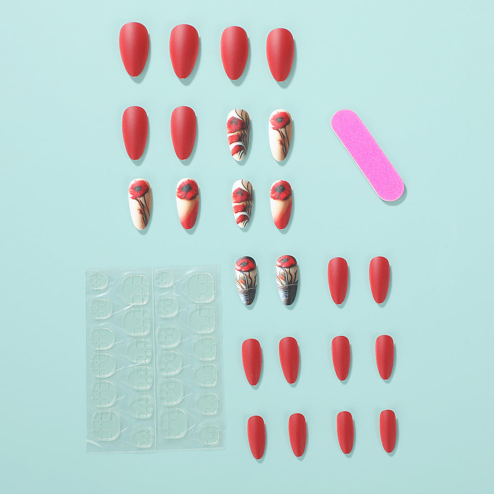 Elegant Matte Almond Press-On Nails – Long Red & Nude Acrylic with Floral Design