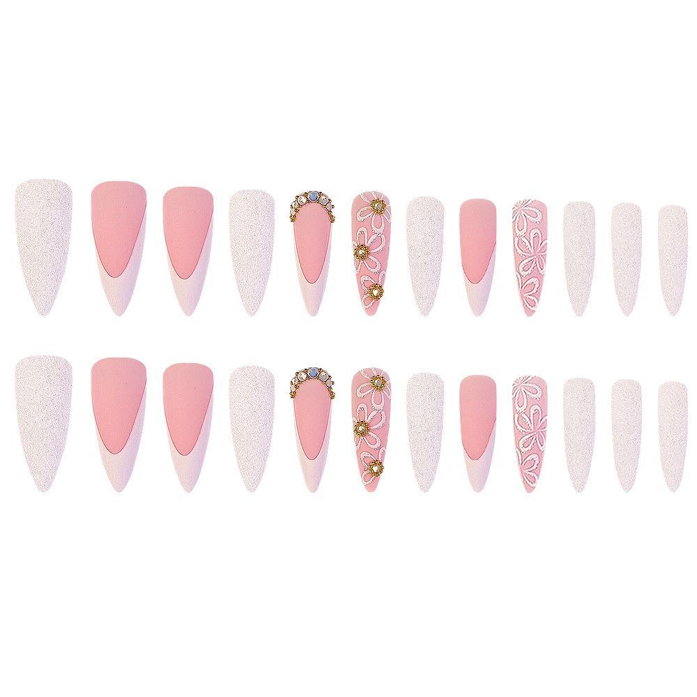Floral Rhinestone Stiletto Press-On Nails – Long Pink & White Almond Nails