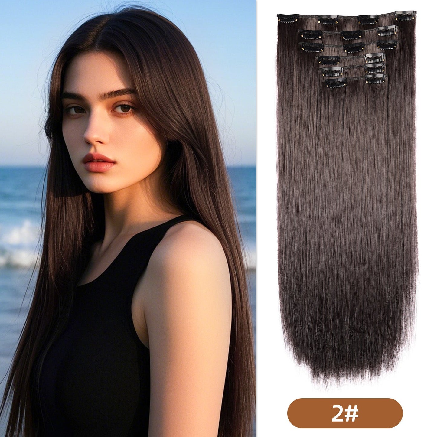 6-Piece Clip-In Straight Hair Extensions – Long Synthetic Fiber Wig Set for Women - 22 inches