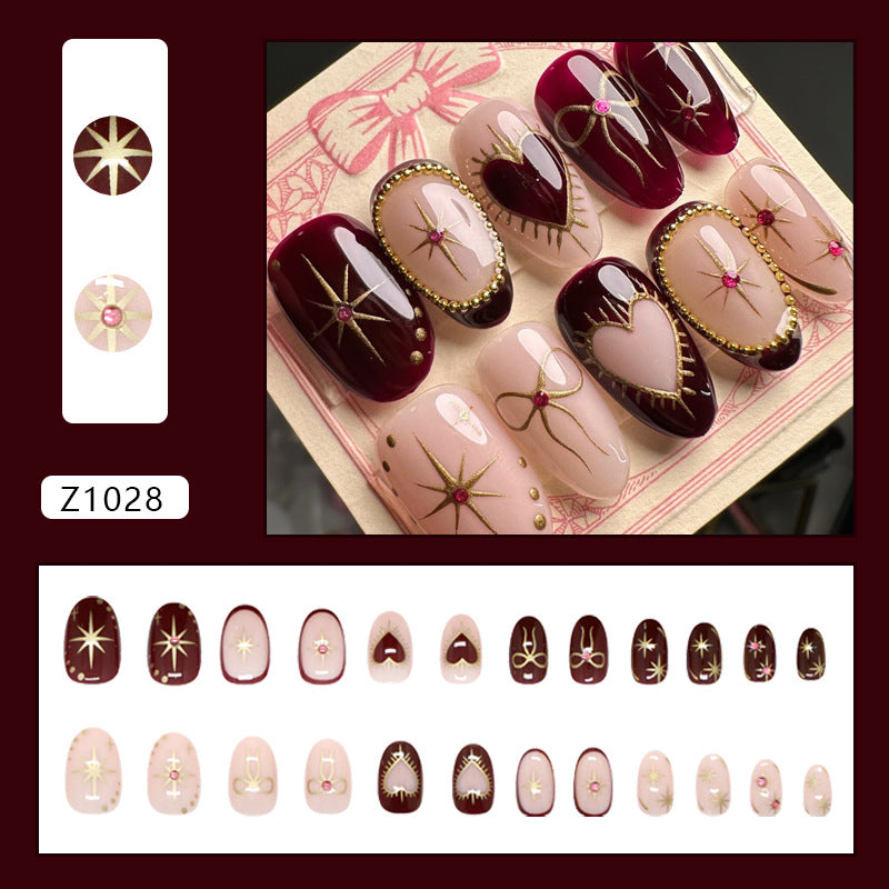 Retro Red & Peach Oval Press-On Nails – Glitter Bow Design Short Nails