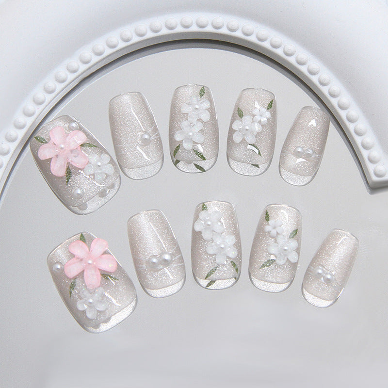 Ice Glaze Flower Press-On Nails – Short Wearable Nail Set