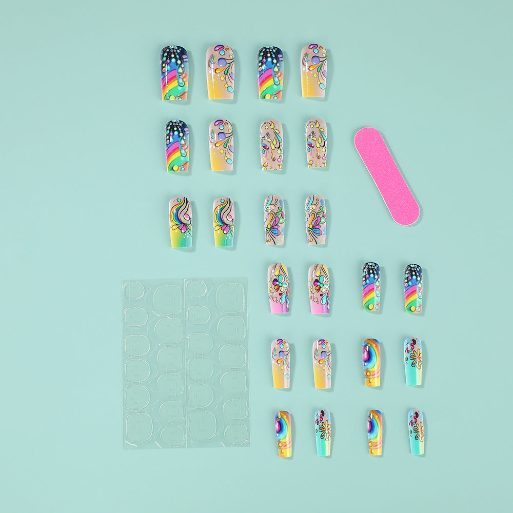 Rainbow Floral Press-On Nails – Medium Square Acrylic Set with Whimsical Design