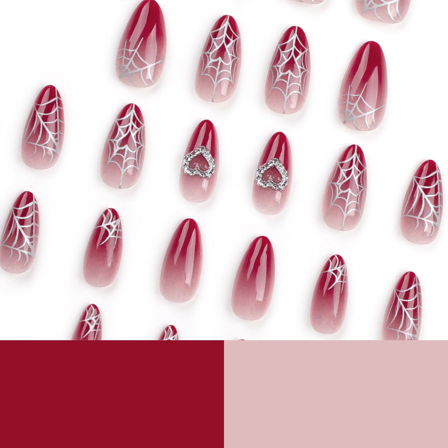 Red Ombre Spiderweb Press-On Nails – Medium Oval with Heart Rhinestones
