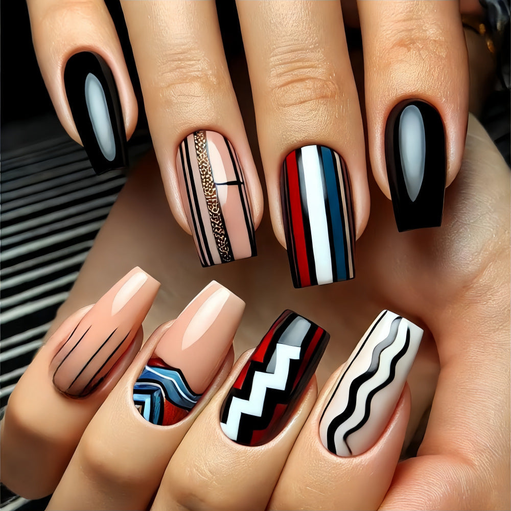 Bold Glossy Square Press-On Nails – Multicolor Acrylic with Striped & Wave Design