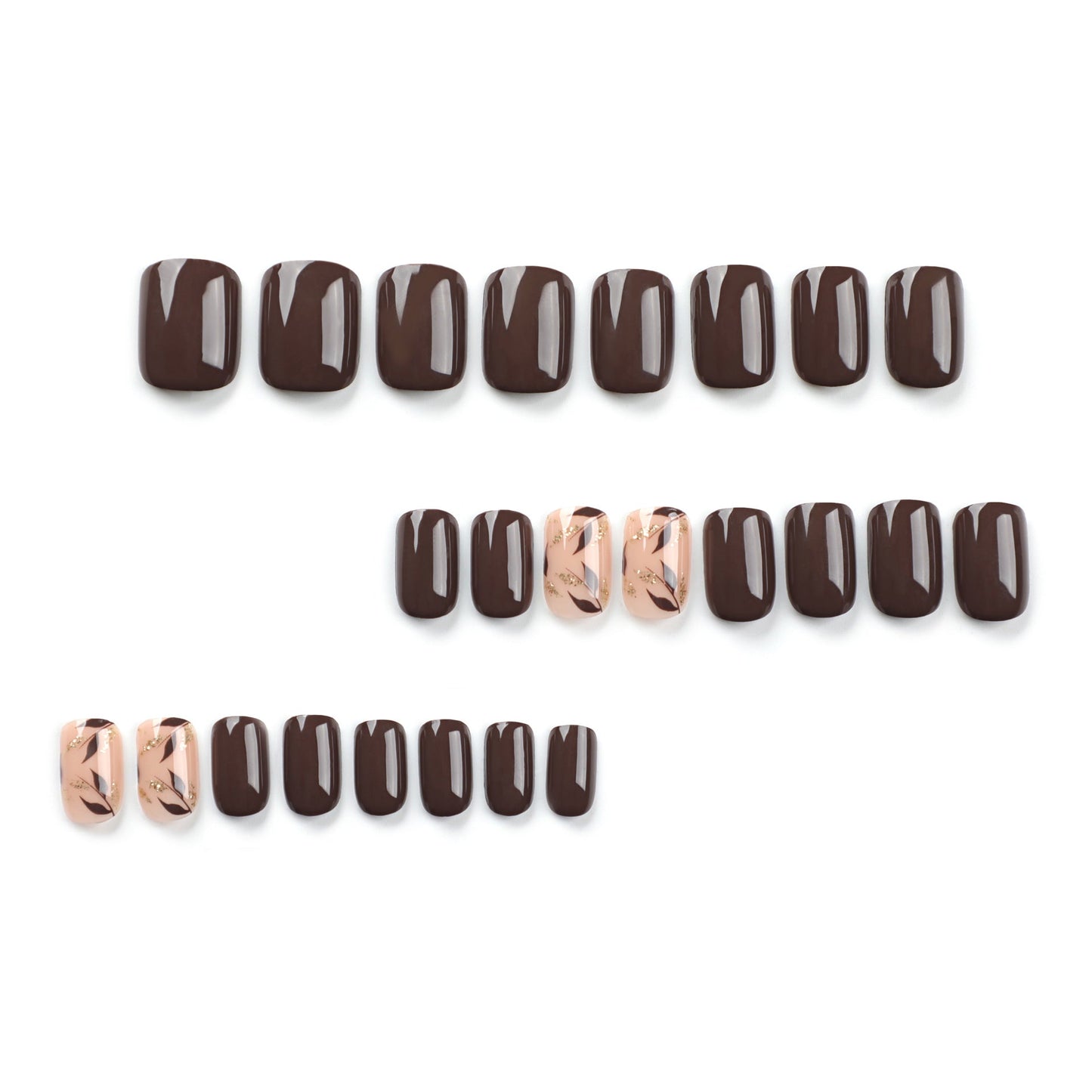 Elegant Brown Glue-On Press-On Nails with Gold Leaf Design – Short Square Fake Nails