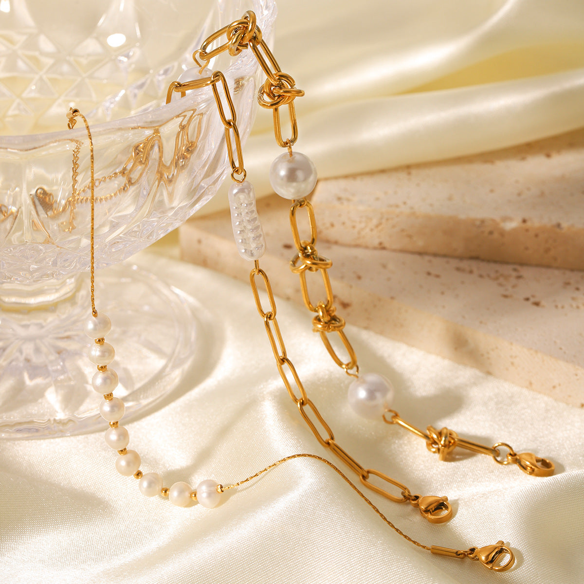 Elegant Pearl Chain Bracelet Set for Women – Gold Stainless Steel (Pack of 3)