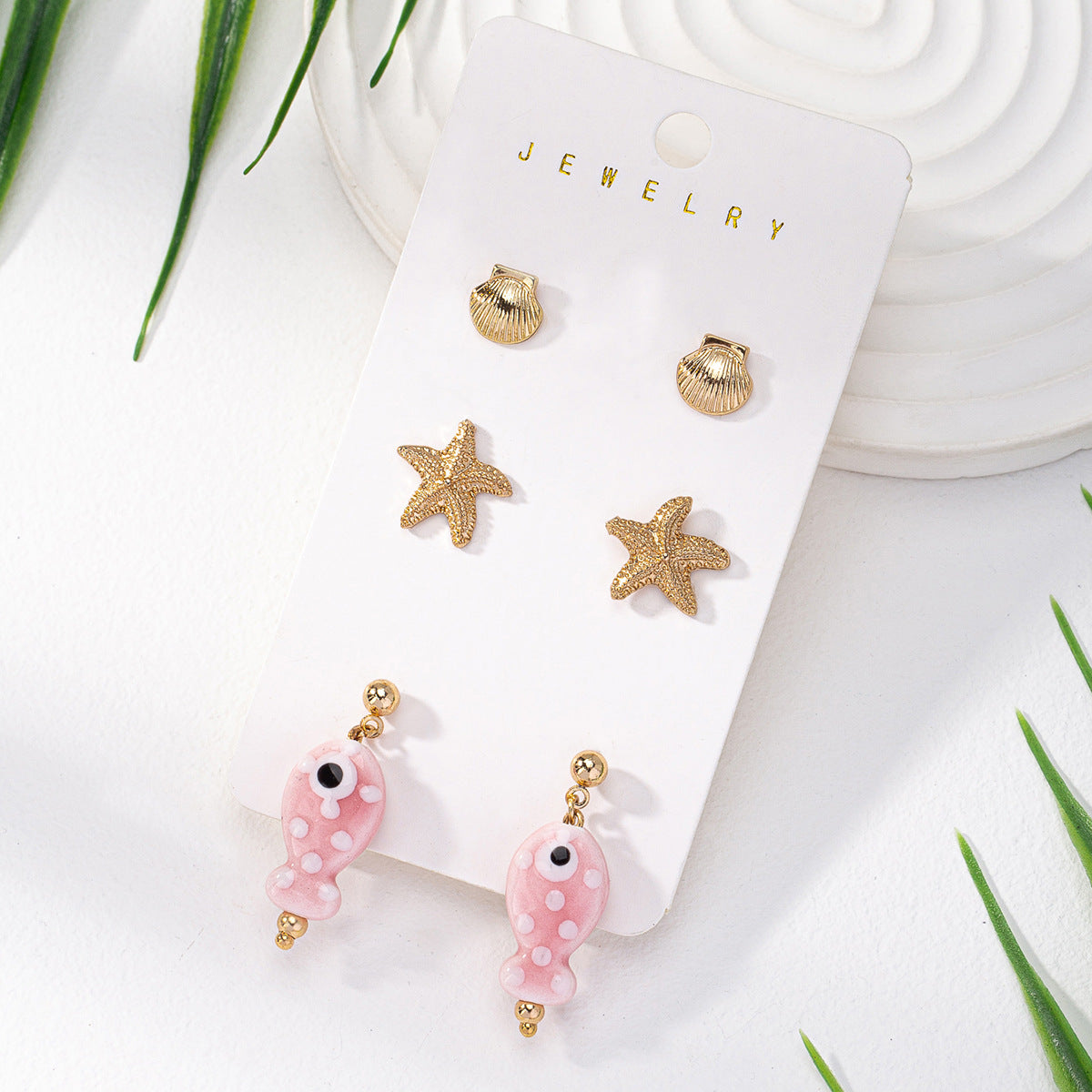 Women’s Ocean Earrings Set – Seashell, Starfish & Fish Holiday Jewelry (3 Pairs)