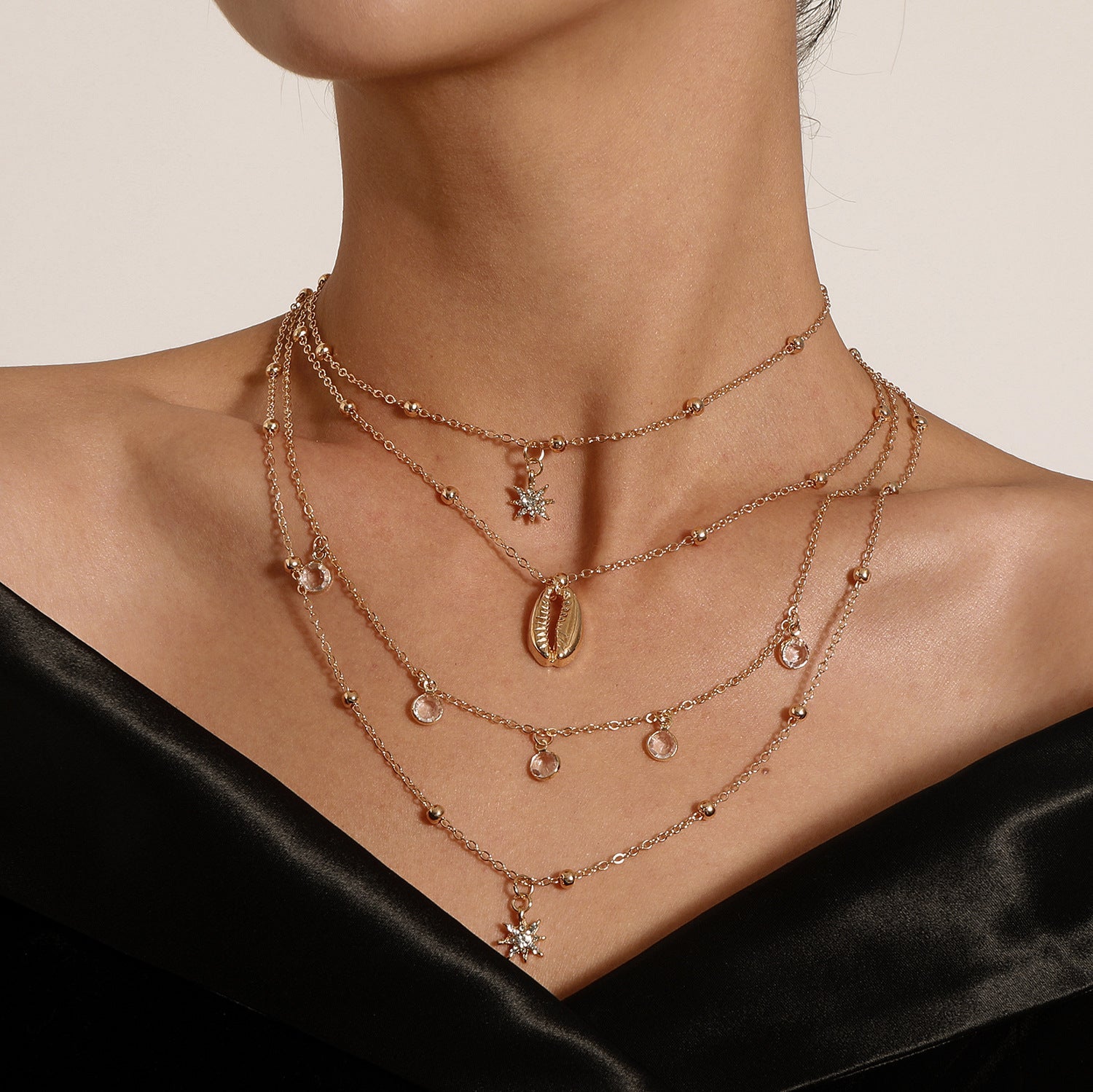 Rhinestone Star Pendant Layered Necklace for Women – Hip-Hop Chain Jewelry