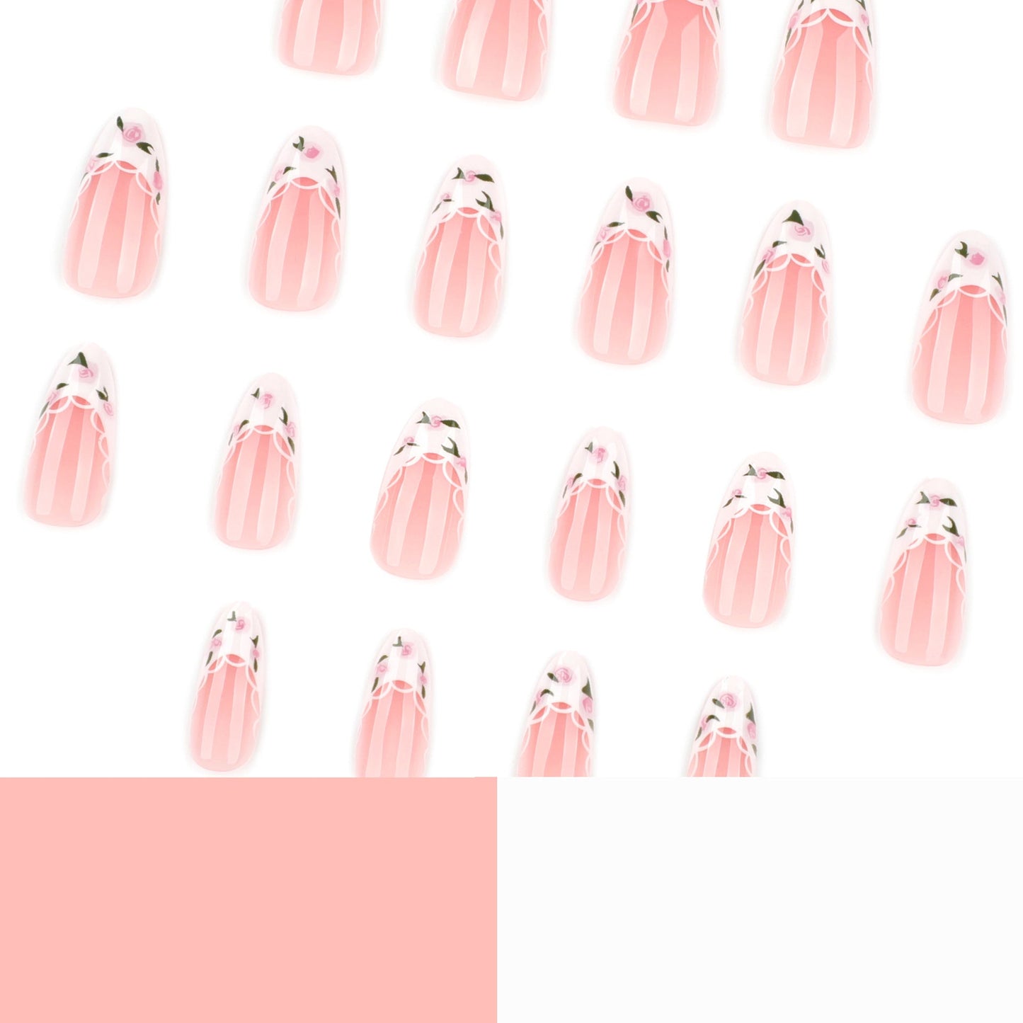 Romantic Floral French Tip Press-On Nails – Almond Shape, Glue-On Set
