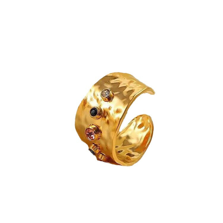 Adjustable Titanium Steel Statement Ring for Women – C-Shaped Colored Zircon Design