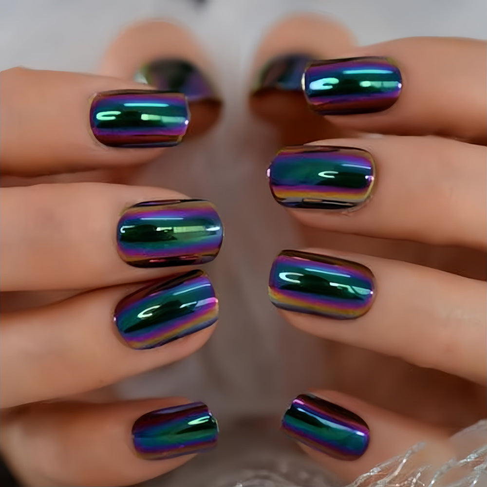 Chrome Rainbow Press-On Nails – Square Multichrome Mirror Finish Acrylic Tips