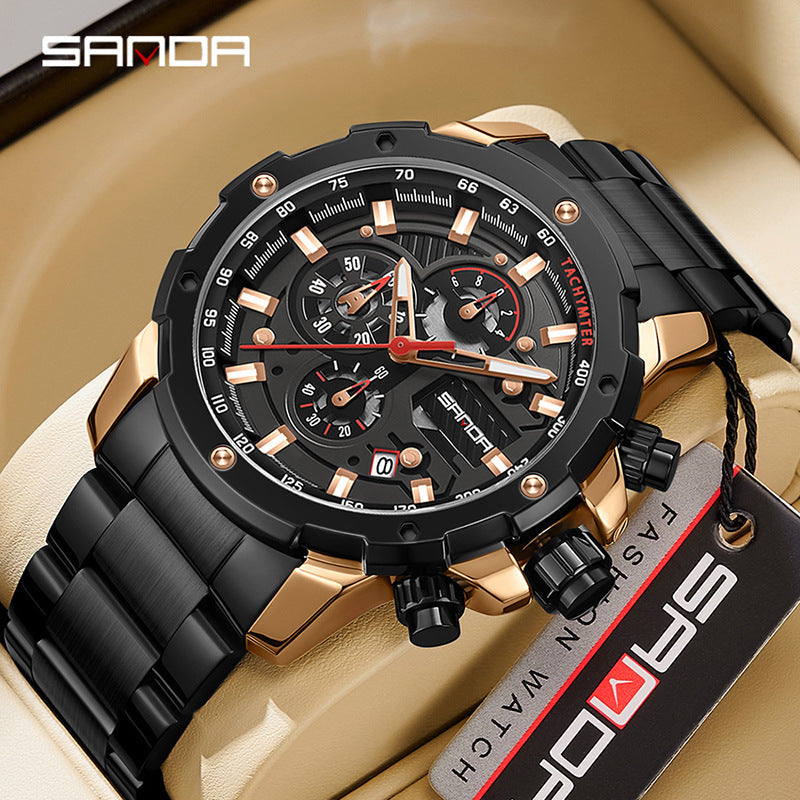 Sanda Men’s Stainless Steel Quartz Watch – Multi-Function Chronograph, Waterproof Watch