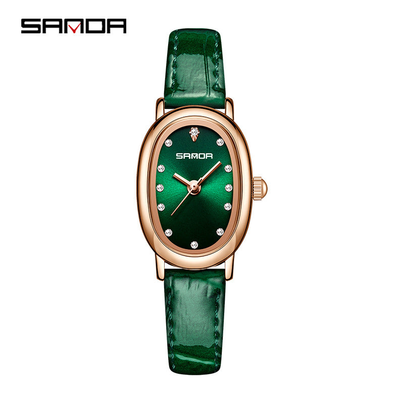 Sanda Women’s Leather Quartz Watch – Diamond Accent Oval Dial, Waterproof Casual Analog Watch