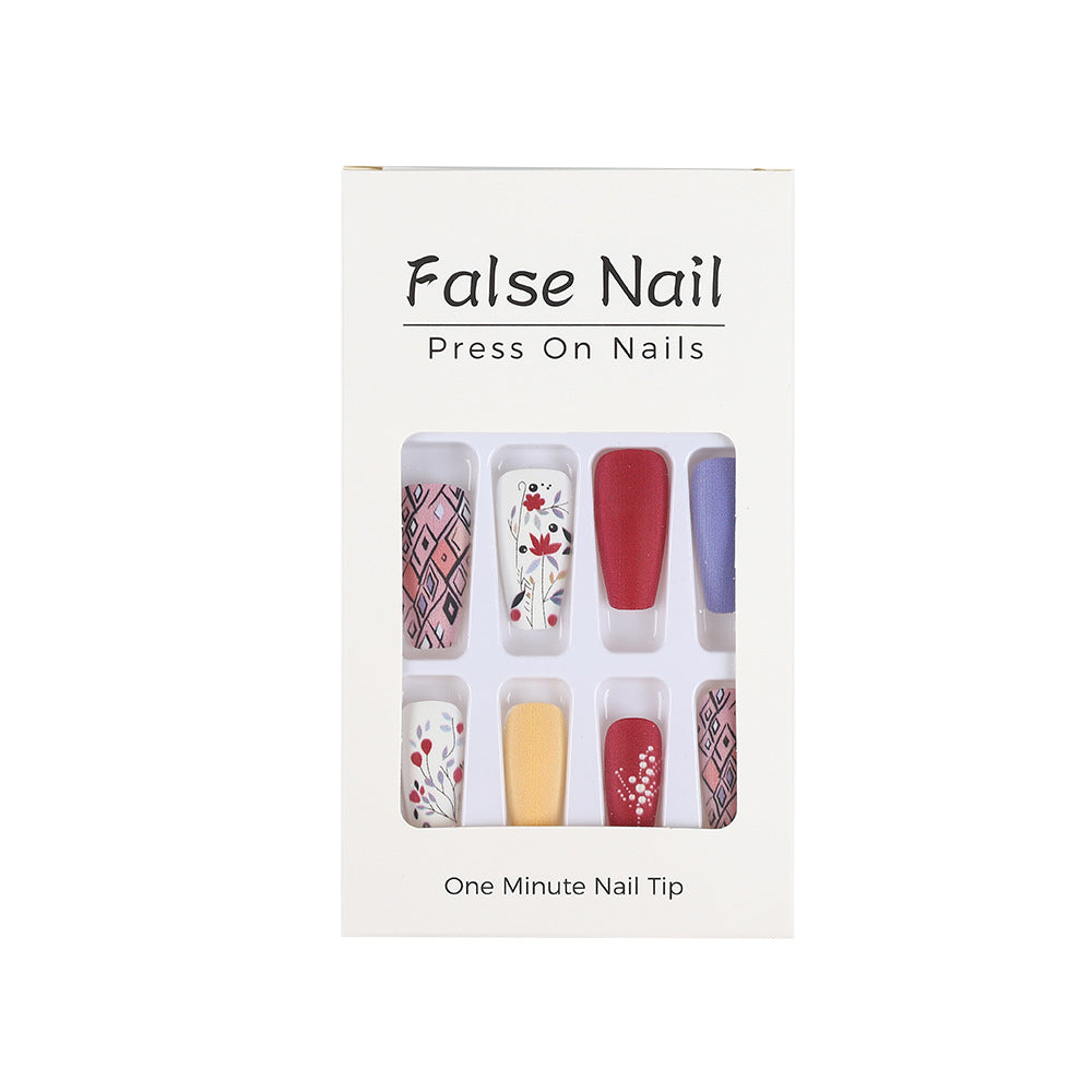 Long Coffin Press-On Nails – Matte Floral & Geometric Acrylic Nail Art Set
