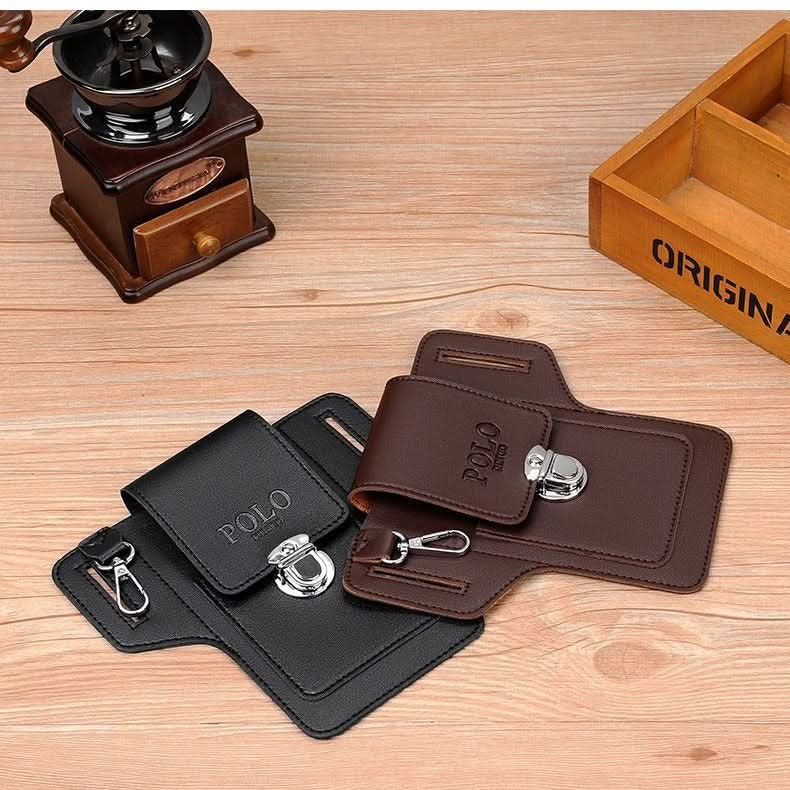 Men’s Leather Phone Waist Bag – PU Leather Pouch with Card Holder & Key Hook