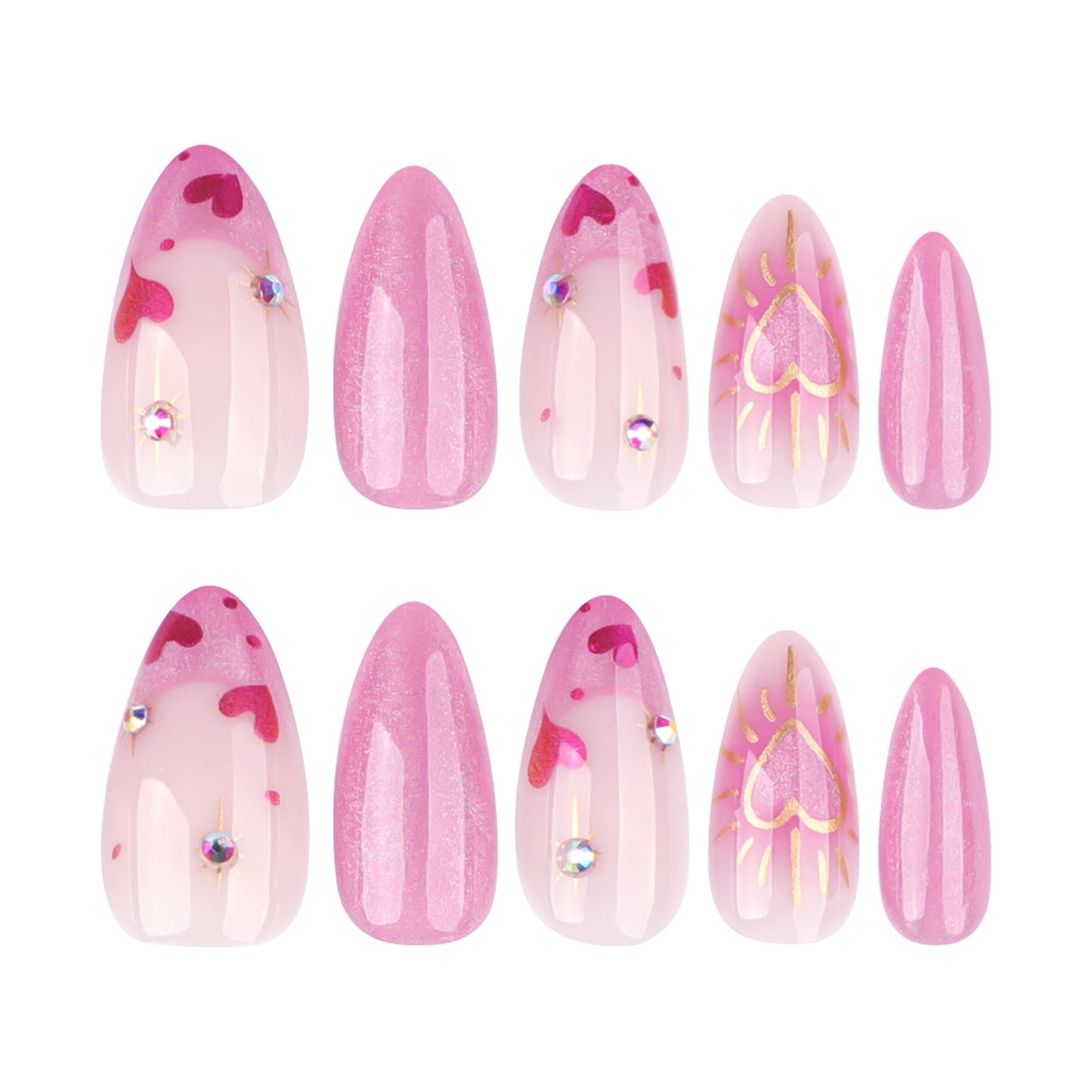 Romantic Pink Press-On Nails – Almond Shape with Glitter Hearts & Cat Eye Shine