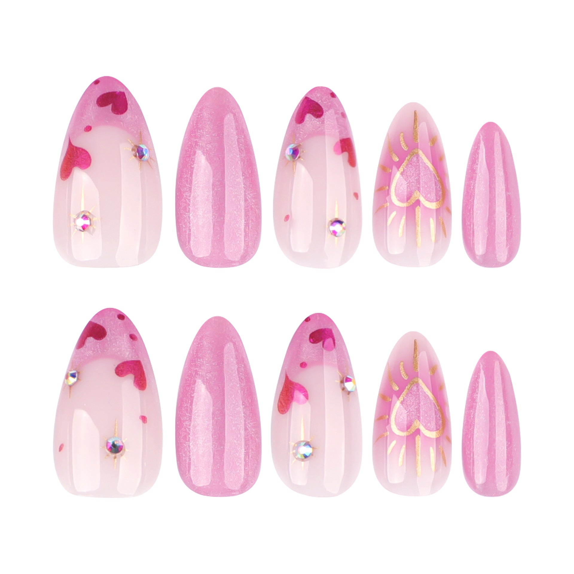 Romantic Pink Press-On Nails – Almond Shape with Glitter Hearts & Cat Eye Shine
