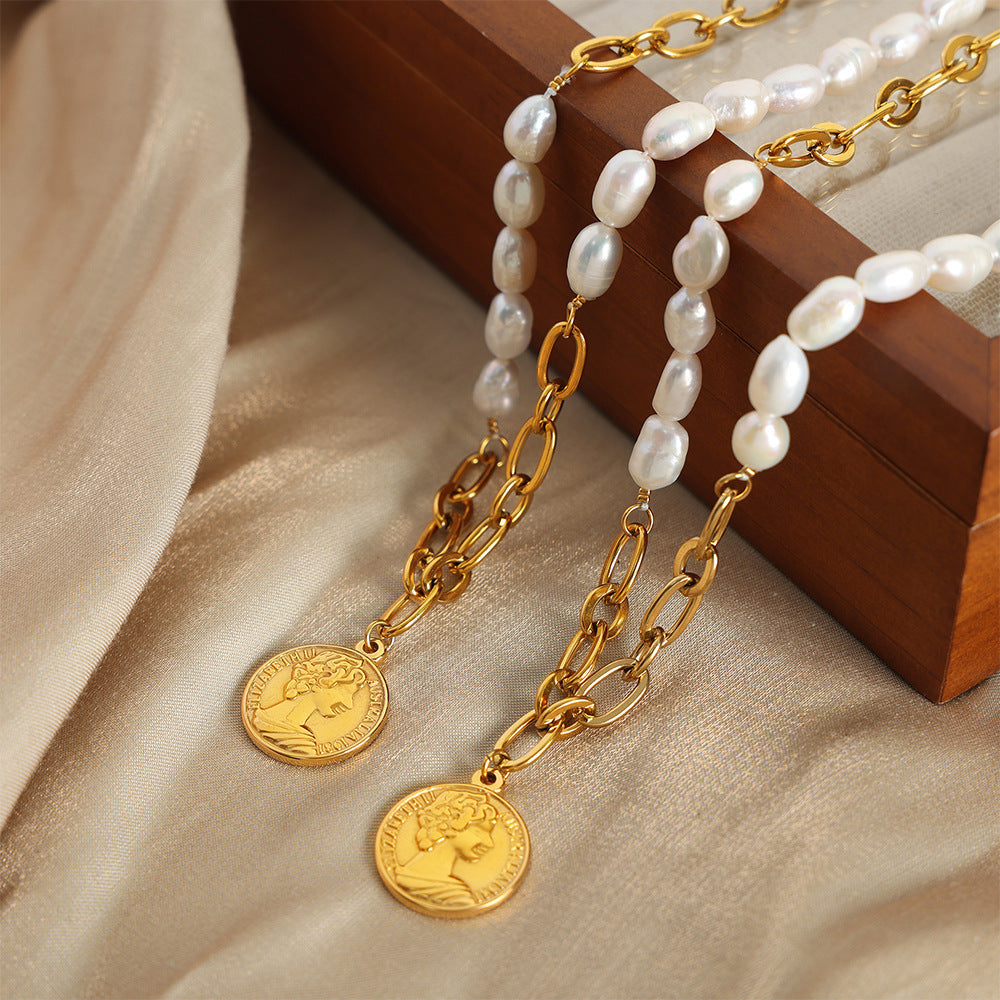Gold Vintage Pearl Necklace with Freshwater Pearl Pendant – Titanium Steel Jewelry
