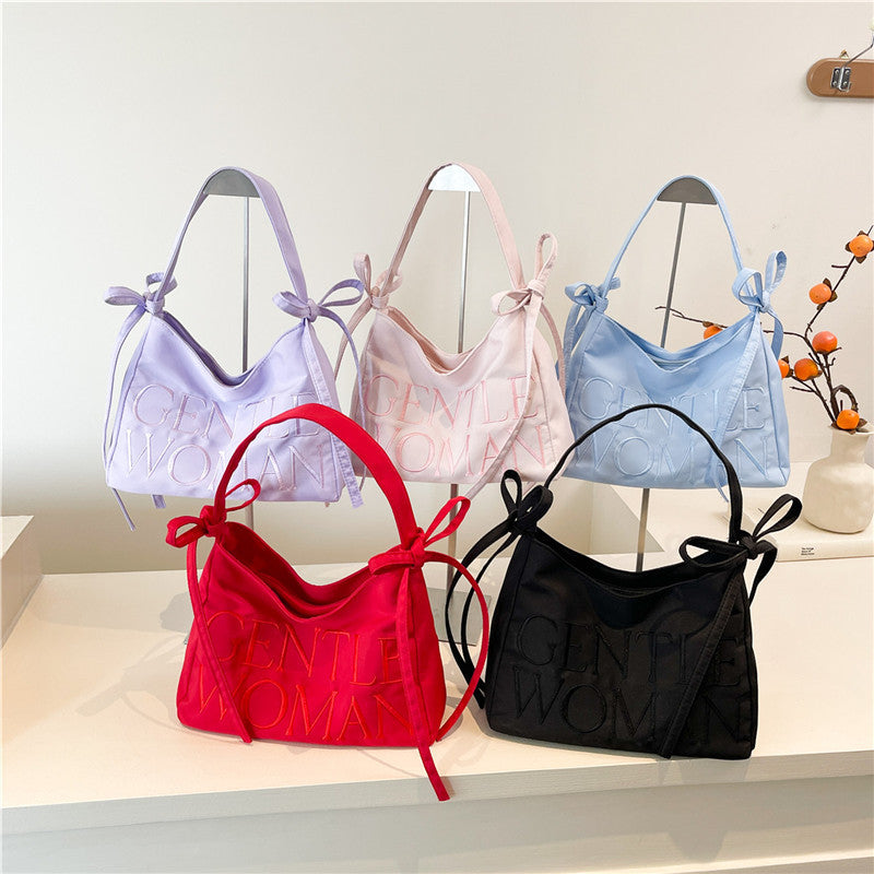 Nylon Bow Underarm Bag – Candy Color Shoulder Handbag with Letter Design