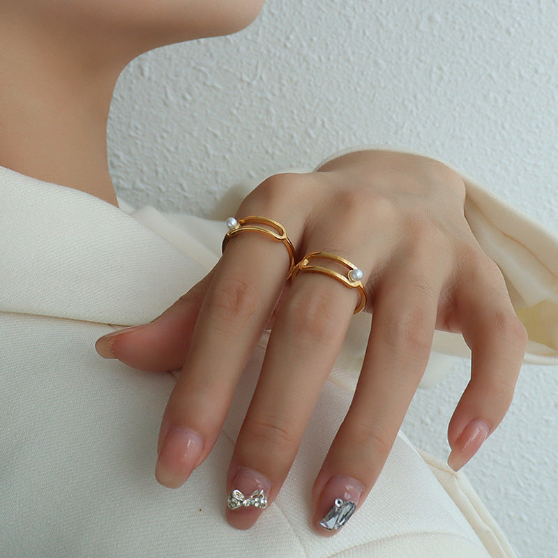 Open Frame Pearl Accent Ring – Elegant Minimal Titanium Steel Jewelry for Women