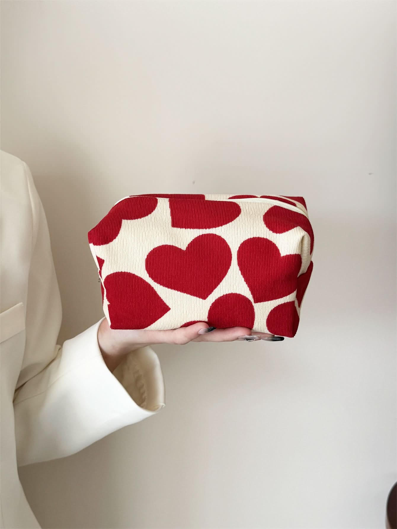 Corduroy Heart Pillow Cosmetic Bag – Cute Korean-Style Makeup Pouch