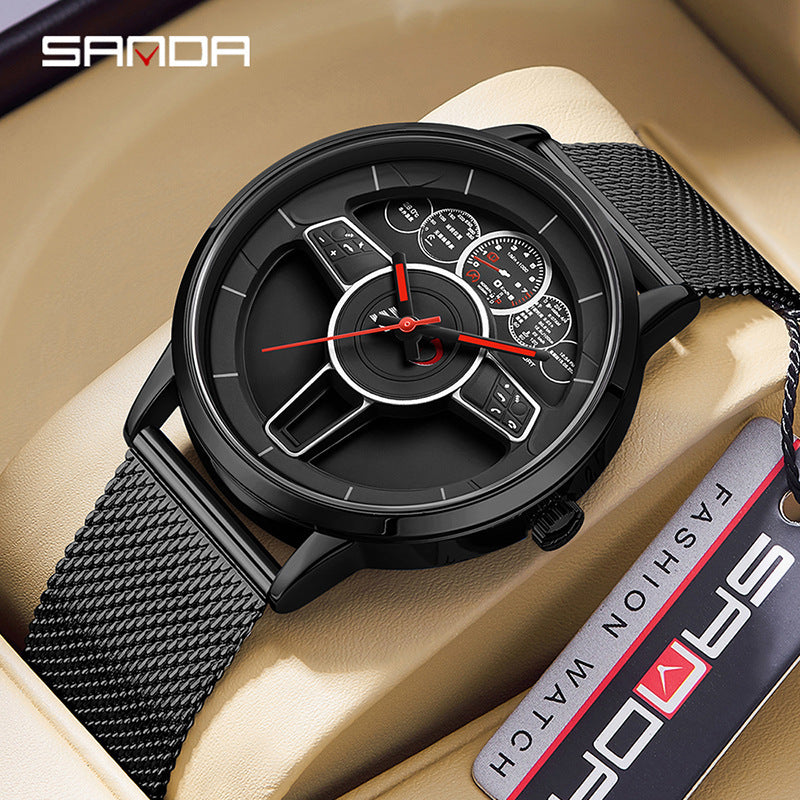 SANDA Steering Wheel Men’s Quartz Watch – Mesh Strap Waterproof Business Wristwatch