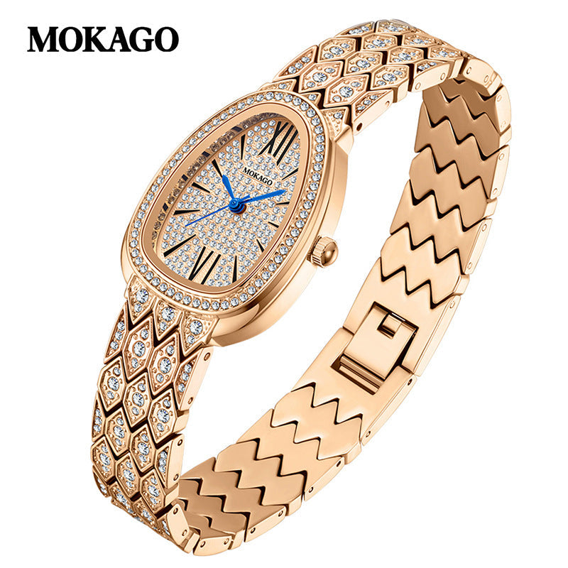 MOKAGO Diamond Snake Ladies’ Quartz Watch – Teardrop Dial, Waterproof Timepiece