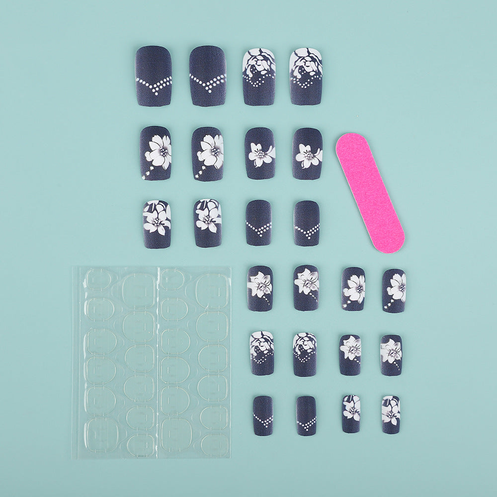 Black Press-On Nails with White 3D Floral & Rhinestone Design – Long Square Acrylic