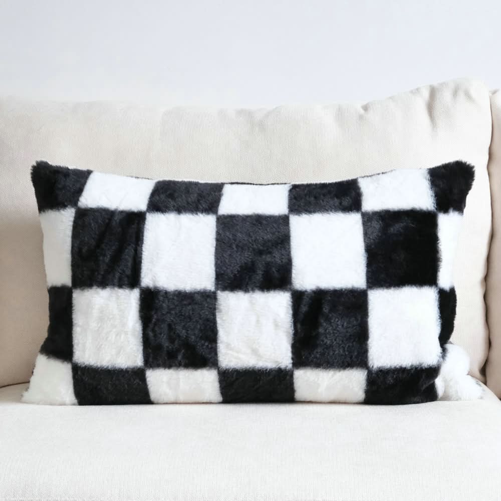 Black & White Checkerboard Pillowcase - Modern Embroidery, Rabbit Fur Accent