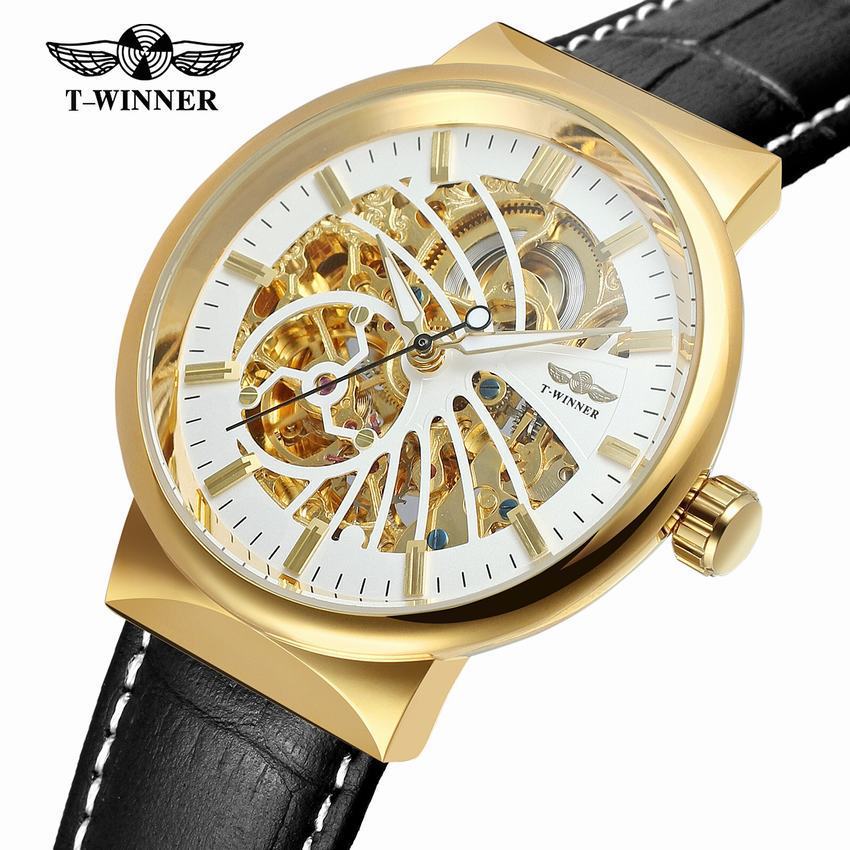 T-WINNER Automatic Mechanical Watch for Men – Waterproof Skeleton Dial Leather Strap