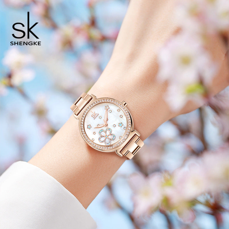 SK Women’s Diamond Quartz Watch – Stainless Steel Strap, Round Dial, 30M Waterproof