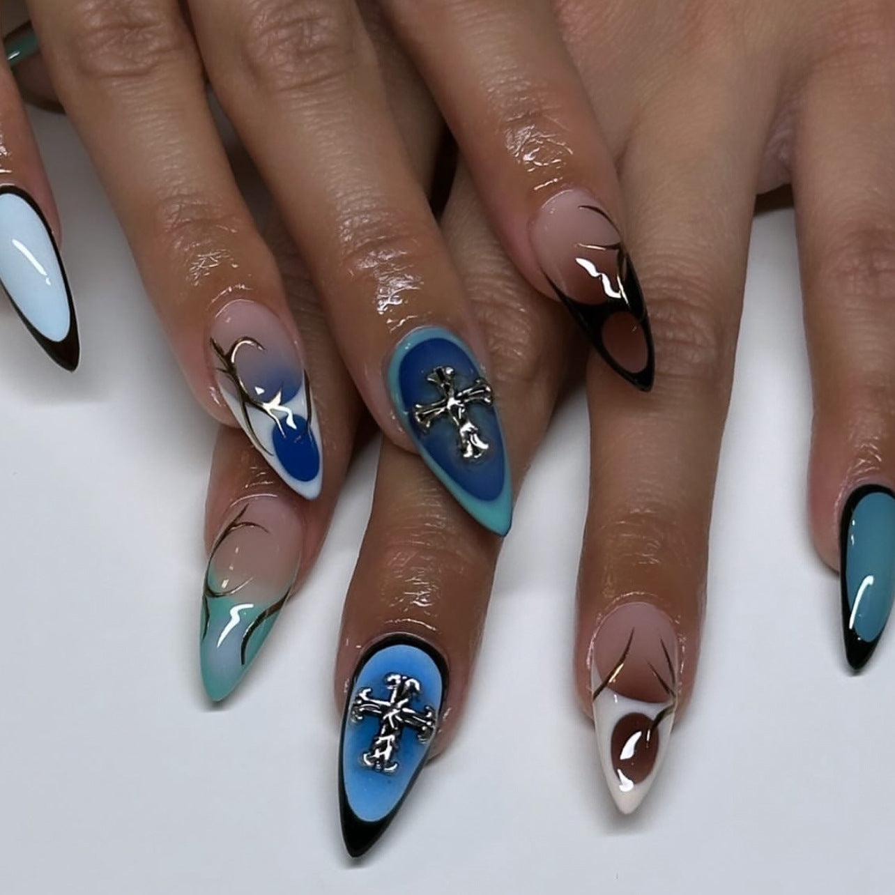 Press-On Nails – Long Stiletto Glue-On Set with Cross Design & Abstract Swirls
