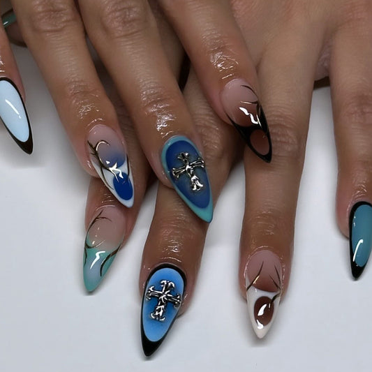 Press-On Nails – Long Stiletto Glue-On Set with Cross Design & Abstract Swirls