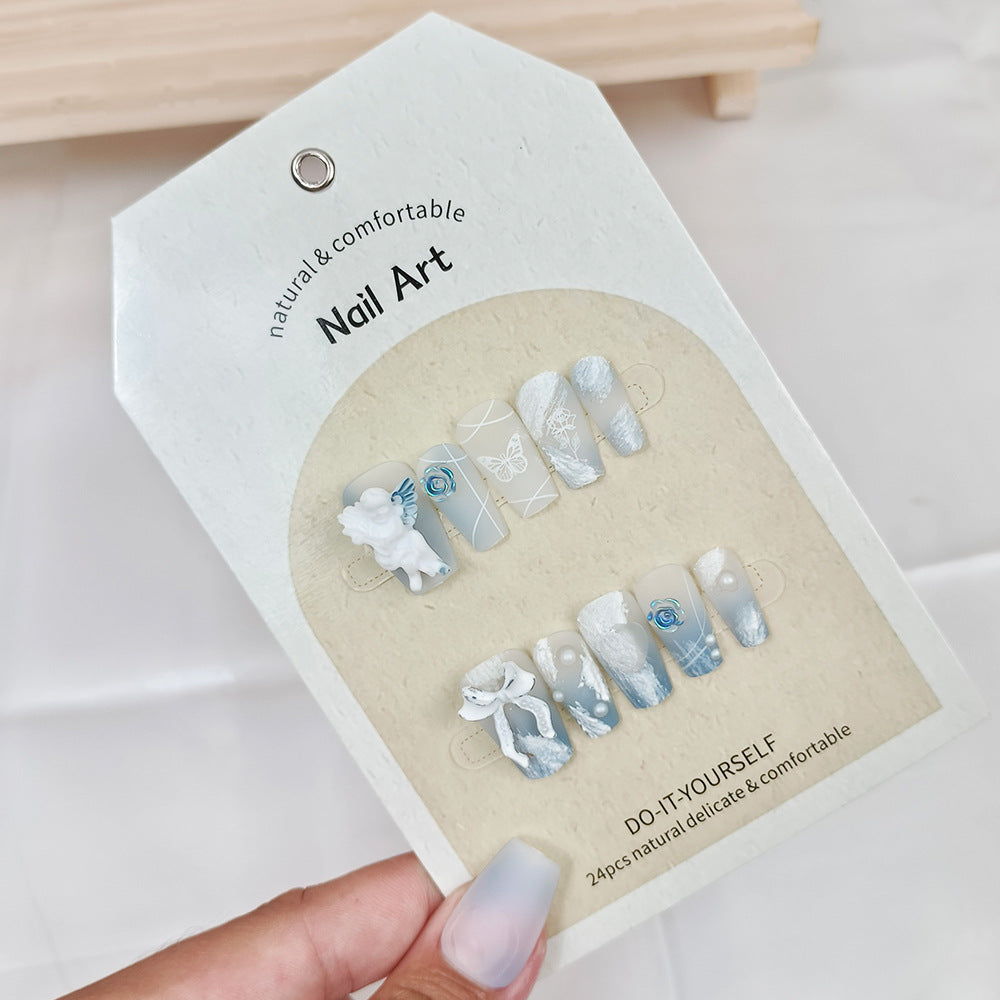 3D Angel Press-On Nails – White Coffin Acrylic Nail Set with Snowflake & Floral Accents