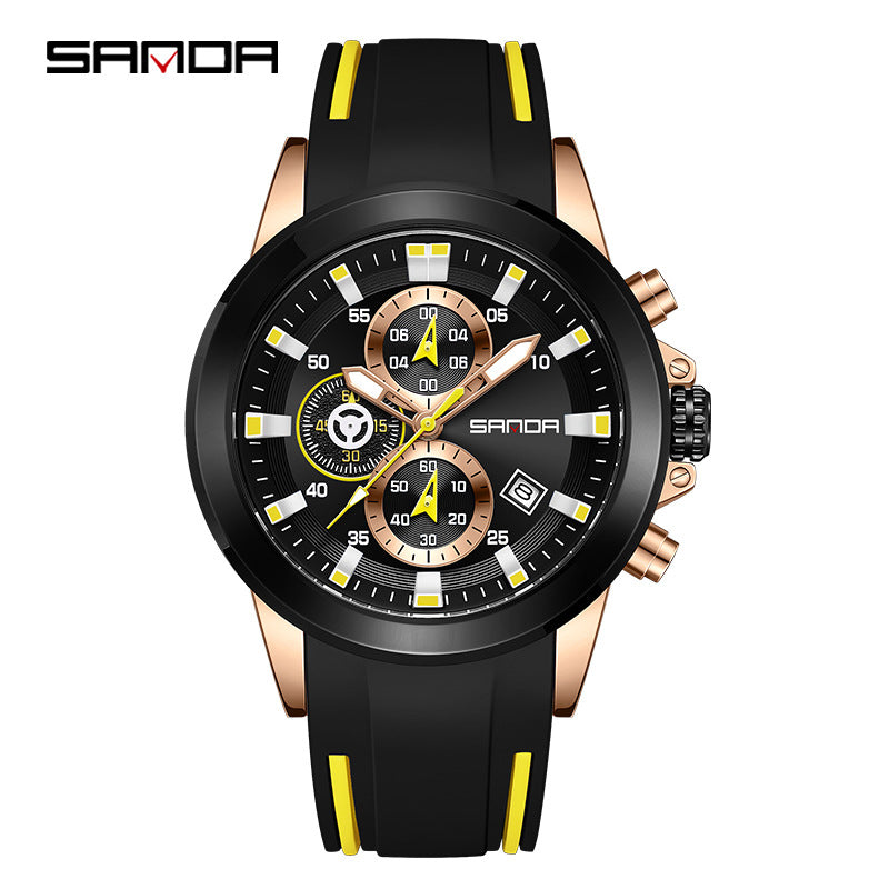 Sanda Men's Retro Quartz Watch – Multi-Function Three-Eye Calendar Silicone Strap