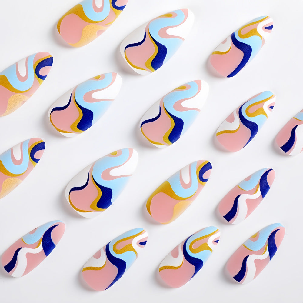 Luxury Swirl Almond Press-On Nails – Gold Rimmed Abstract Design, Reusable Acrylic Set