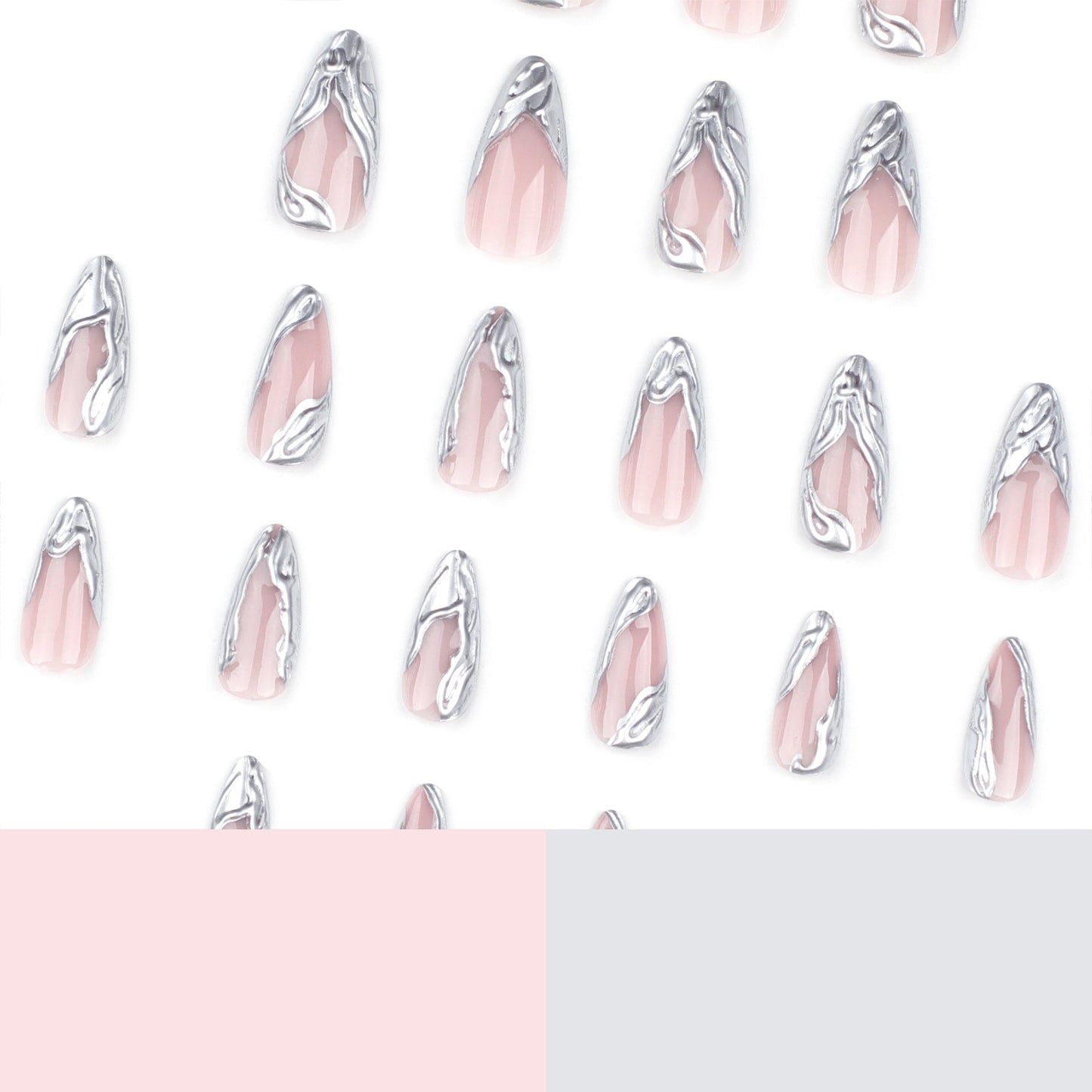 Chrome Stiletto Press-On Nails – Long Metallic Silver Swirl Design, Glue-On Acrylic