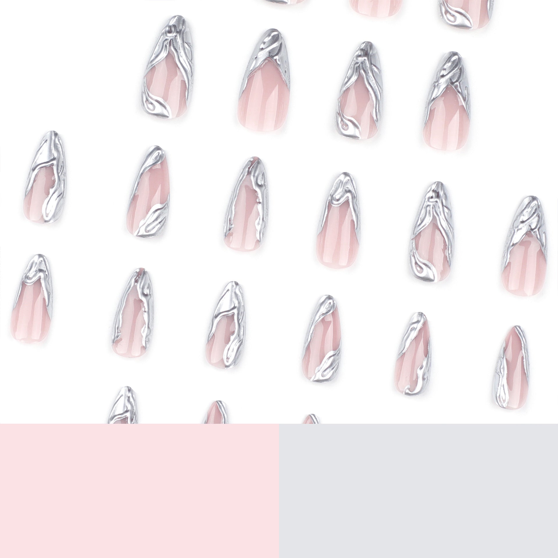 Chrome Stiletto Press-On Nails – Long Metallic Silver Swirl Design, Glue-On Acrylic