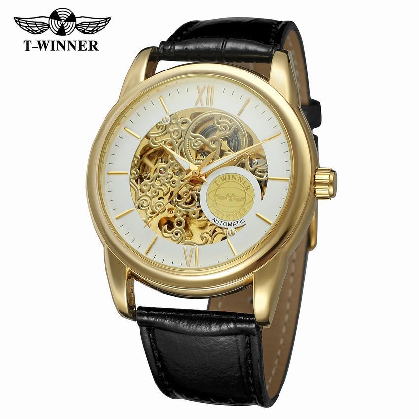 T-WINNER Hollow Automatic Mechanical Watch for Men – Leather Strap Fashion Timepiece