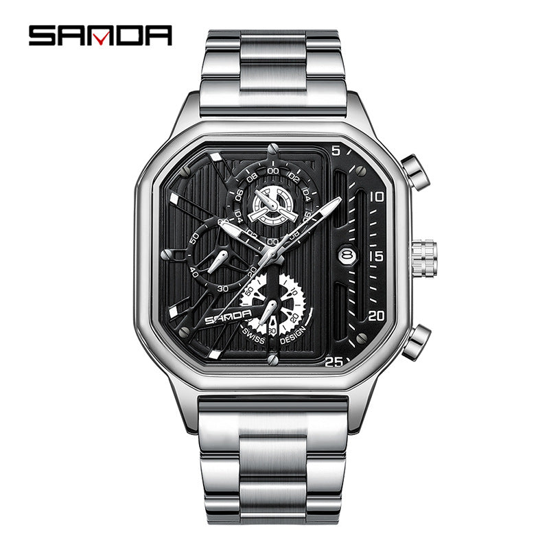 SANDA Men's Stainless Steel Square Quartz Watch – Multifunction Calendar Waterproof Timepiece