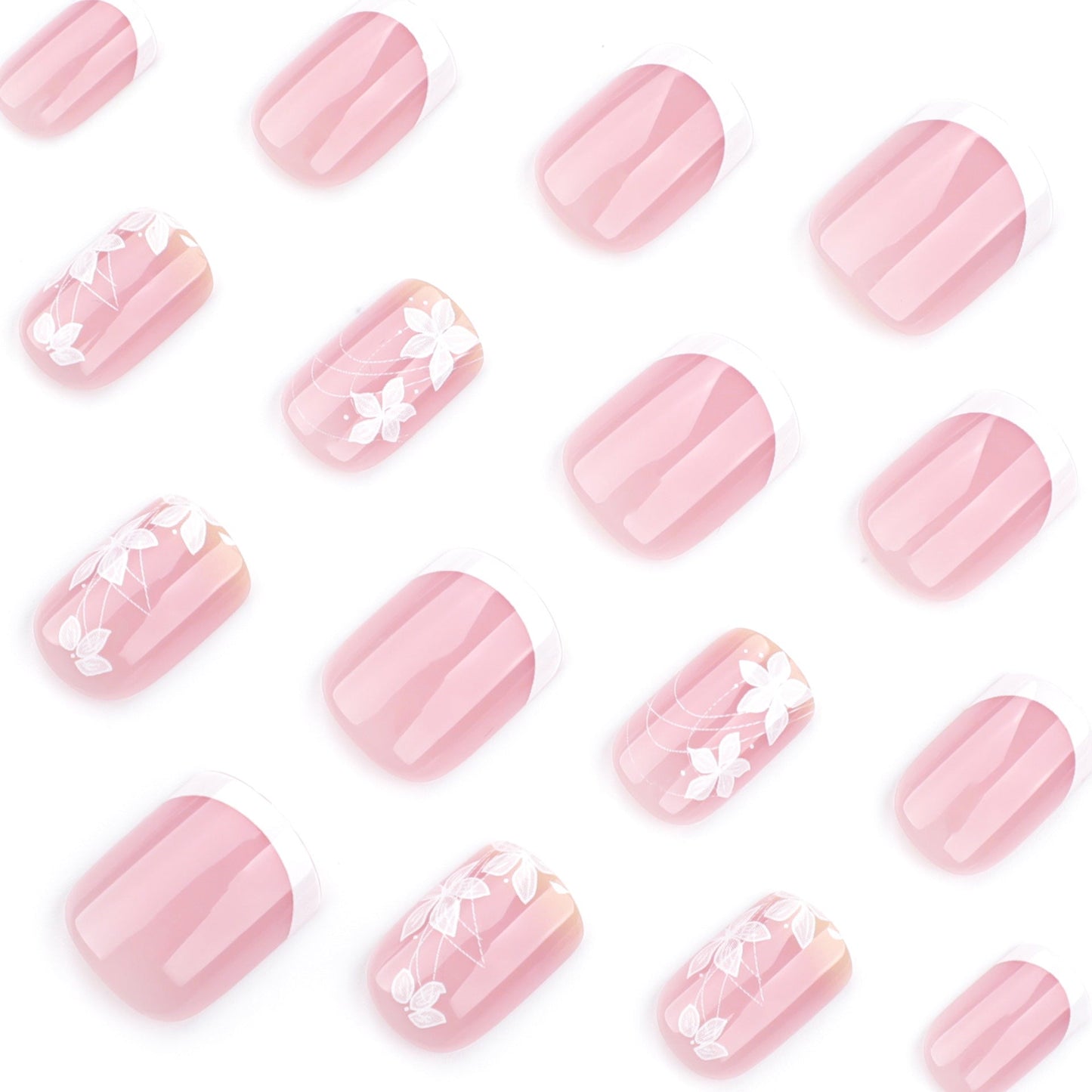 Elegant Floral French Tip Press-On Nails – Medium Square, Glue-On