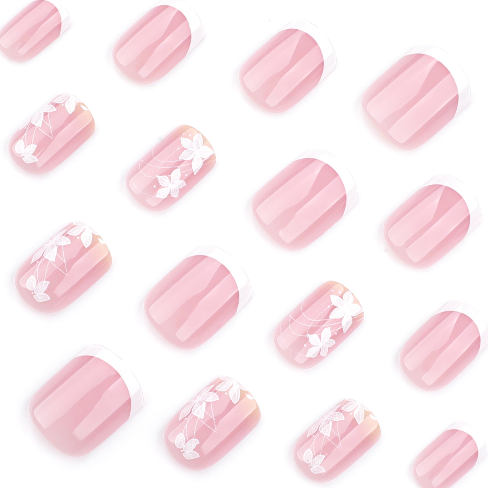 Elegant Floral French Tip Press-On Nails – Medium Square, Glue-On